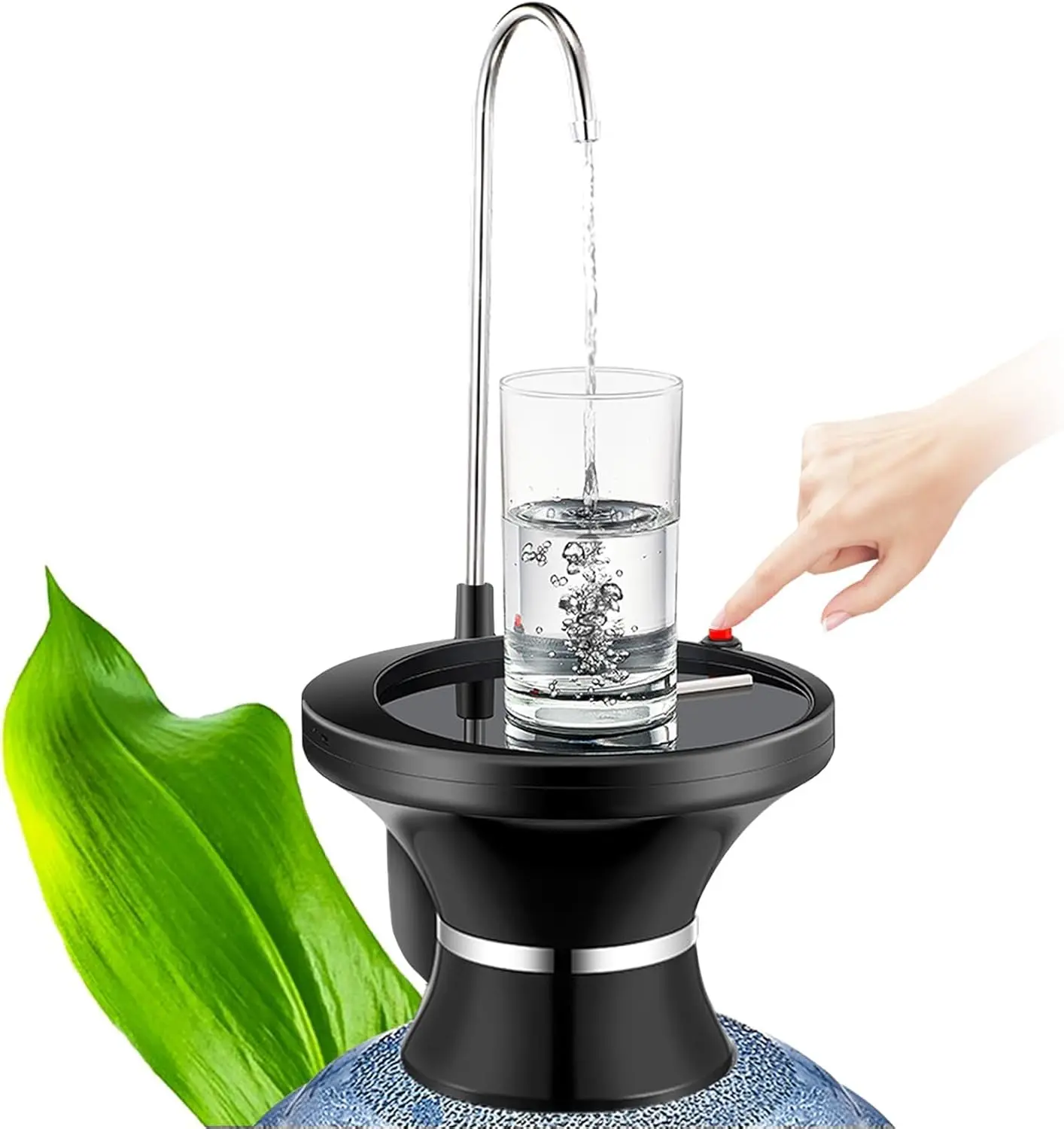 5-Gal Jug-Compatible Automatic Water Bottle Pump, Rechargeable Electric Dispenser with Gravity Sensor Switch, Large Cup Holder Tray, 304 SS Spout, 1-Touch Operation for Hygienic Use at Home, Office