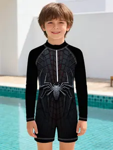 Boys' One-piece Swimsuit "Dark Spider Suit Style" with Dark Suit 3D Embossed Print, Stand-up Collar, Zipper, Long Sleeves, and Sun Protection One-piece Design, Suitable for Swimming in Pools, Beach Vacations, and Water Park Outfits