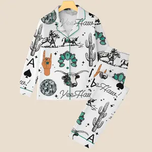 Cute Western Things Sublimation Cowgirl Spade Rodeo Satin Pajama Sets for Women, Western Print, Short Sleeve Top & Shorts, Comfortable Sleepwear, Loungewear Pajamas, Relaxing Sleeping Clothes, Soft Satin PJs