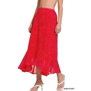 Zenana Polka Dot Ruffle Hem Maxi Skirt - Red, Comfortable Design for Women, Perfect for Casual Wear