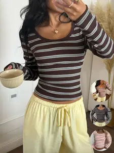 Women's Spring Striped Casual Sweet Home Cute  Round Neck Long Sleeve Short Waist Slim Fit Basic T-Shirt,Fall Clothes For Women，Comfortable and Stylish, Perfect for Daily Wear, Ladies Fashion Top, Everyday