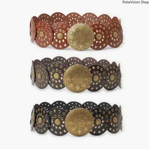 Y2K Cutout Western Leather Belt, Vintage Engraved Wide Waistband for Women