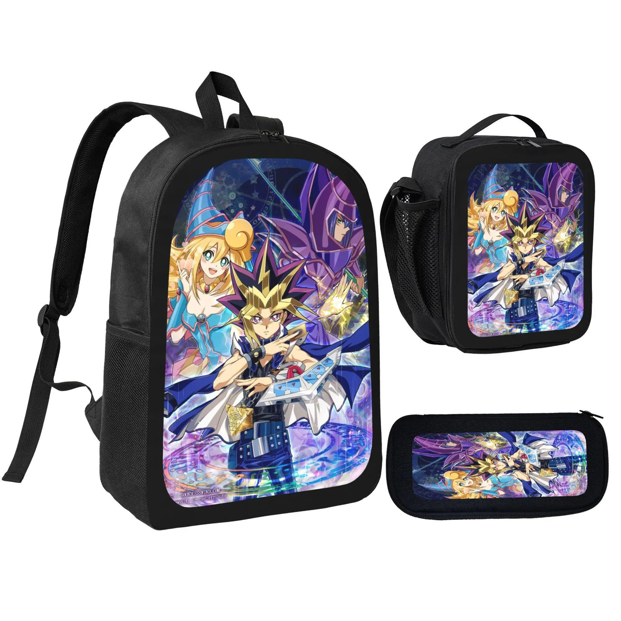 [3Pcs Backpack Set] Yu Gi Oh Anime Character Print with Lunch Bag Pencil Pouch School Bag for Kids Teens Students Boys Girls Daily Use