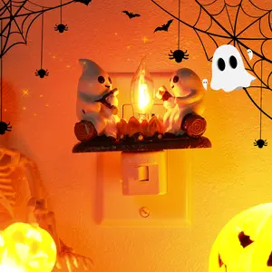 NexTerk Halloween Ghost Campfire Flickering Nightlight-Indoor Decorations,3D LED Small Electric Faux Campfire Night Light, Ghost Roasting At Campfire, Faux Campfire Night Light Plug into Wall,Spooky Fire Marsh mallow Halloween Gifts Decoration Ornaments