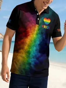 Men's Rainbow Striped Polo Shirt, Casual Loose-Fit Short Sleeve T-Shirt, Breathable Elastic Fabric, Summer Fashion Essential