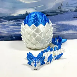 3D Printed Dragon with Egg, Articulated White and Blue Axolotl Dragon, 8.5 Inches Fidget ADHD Autism Toy D088-WBE
