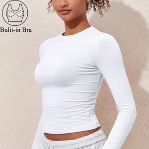Crew Neck Long Sleeve Cropped Top with Built-in Bra | Slim Fit & Comfortable ZB-068