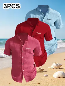 3-Pack Men's Summer Short Sleeve Shirts, Chest Print Design, Lightweight Breathable Solid Stand Collar Button Shirt, Ideal for Beach Poolwear