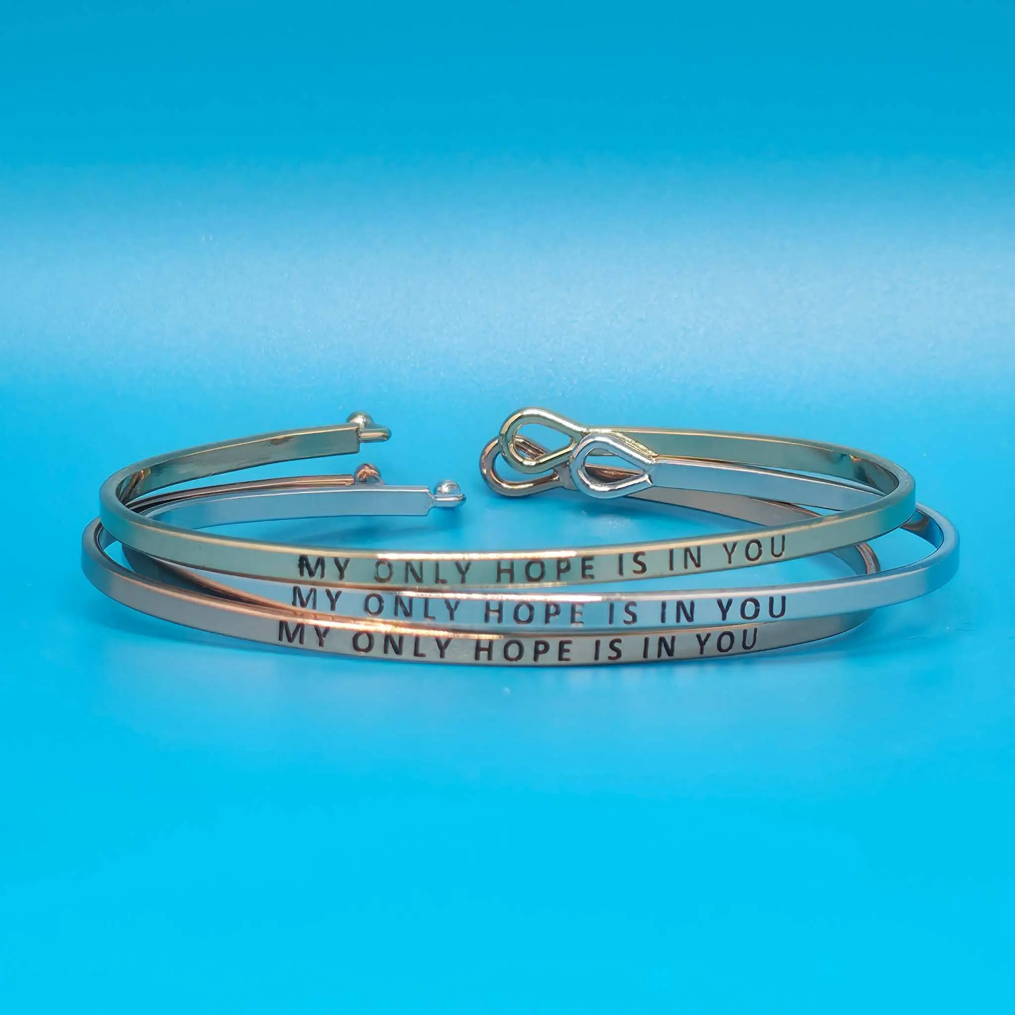Women's Engraved Thin Oval Shape Bangle Bracelet, "In My Only Hope Is In You" Inspirational Quote Jewelry, Personalized Jewelry Gift, Latch Closure, Christmas Gift-Ready, 2.5" x 2", 7.25" Circumference
