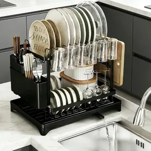 2 Tier Dish Drying Rack Dish Drying Organiser with Drainboard Detachable Dish Drainer Organizer Kitchen Gadgets Space Saver Foldable Storage Rack,Festival Gift,Black