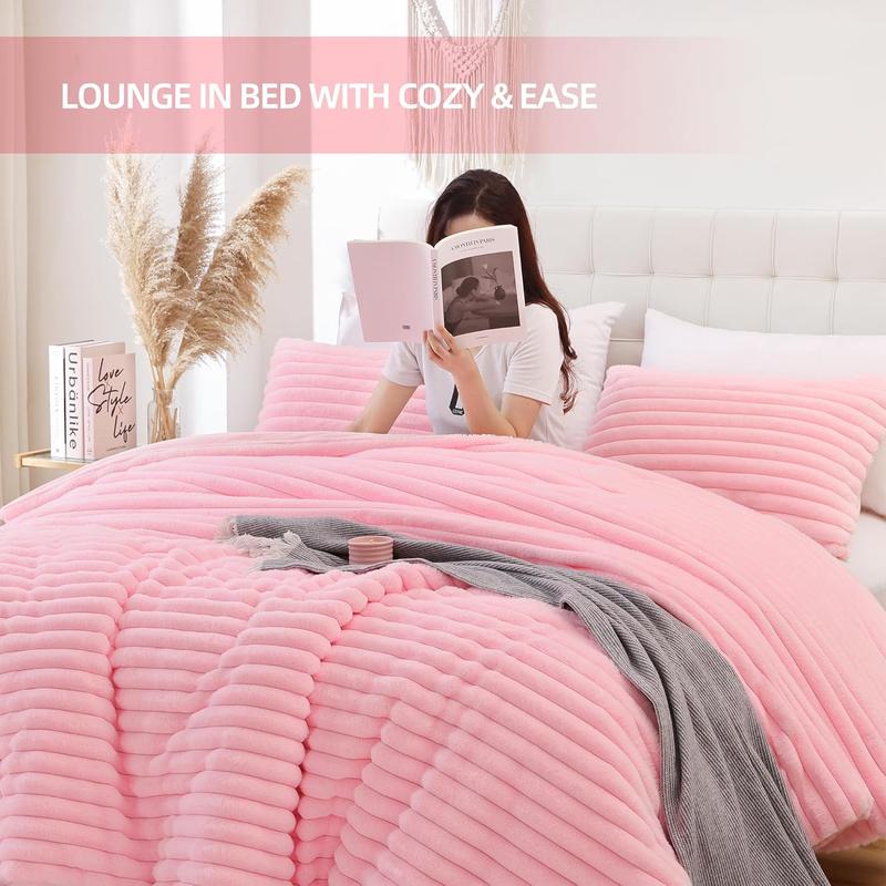 Fluffy  Comforter Set 3 count - Pink Fleece Fluffy Comforter  Set, Luxury Fuzzy  Bed Set, Soft & Warm Bed Comforter  All Season, Heavy  Bedding with 2 Pillow Cases