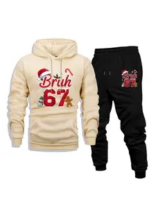 Men's autumn and winter casual suit: hooded fleece-lined sweater and sweatpants, 67 sixseven, fashionable printed, holiday gift, comfortable fleece-lined two-piece set (sweater and trousers)