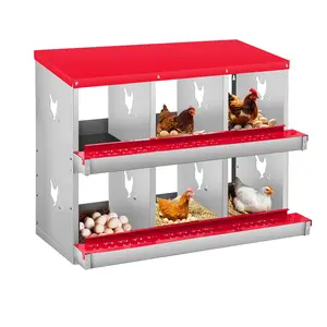 6 Compartment Chicken Nesting Box, 2 Layer Wall Mount/Free Standing Poultry Nest for Chickens, Hens, Ducks, Metal Chicken Laying Boxes with Perch, Secure Lid, Vented Holes, Red