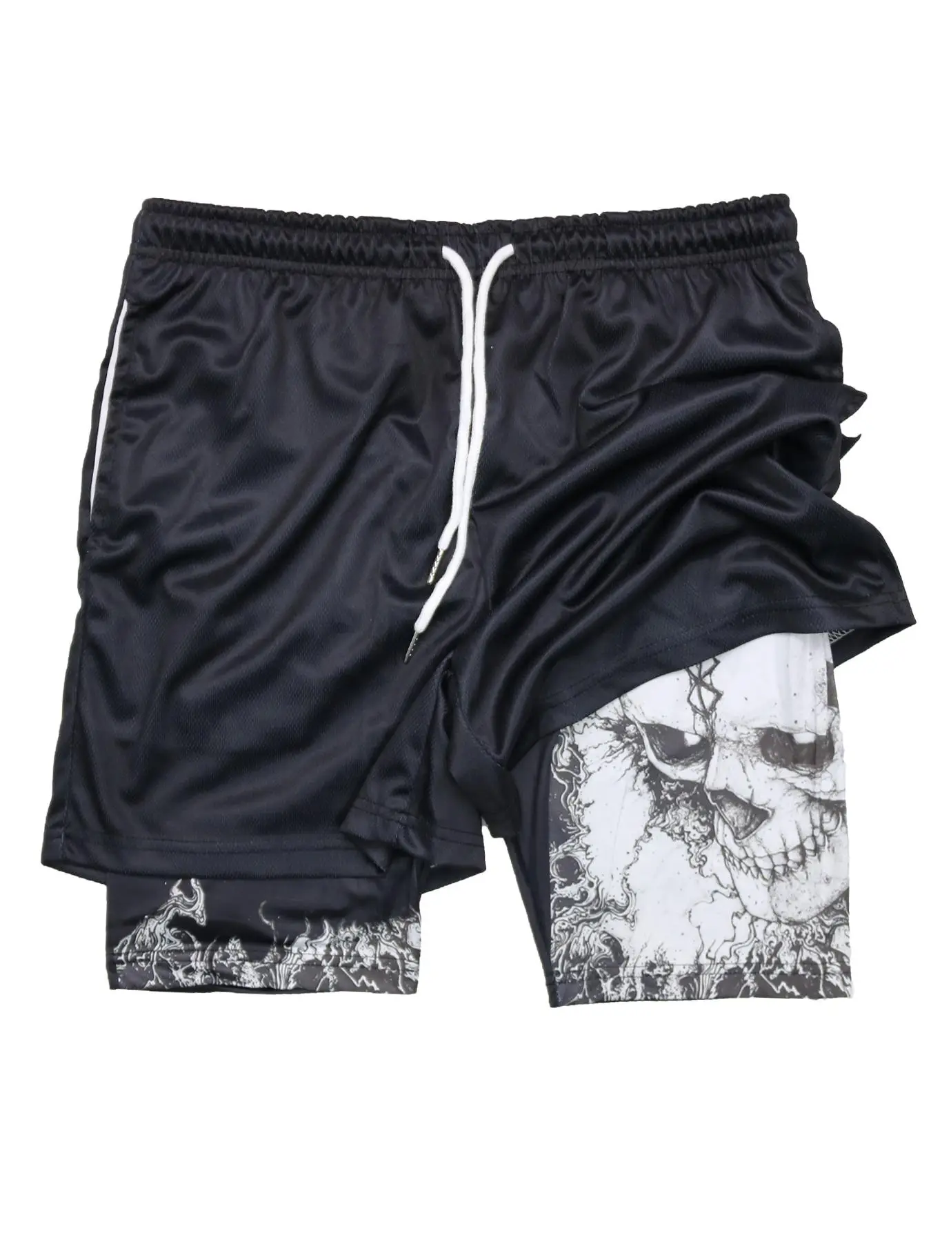 Men's Skull Graphic Print Pocket Drawstring Waist 2 in 1 Shorts, Regular Fit Casual Comfy Breathable Shorts for Summer, Summer Outfits 2024 Shorts, Me