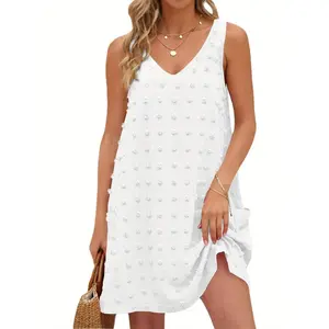 Women's Casual Sun Dress - Swiss Polka Dot, Sleeveless V-Neck Tank Style, Summer Swimsuit Beach Cover Up, 2026 Vacation Casual Wear