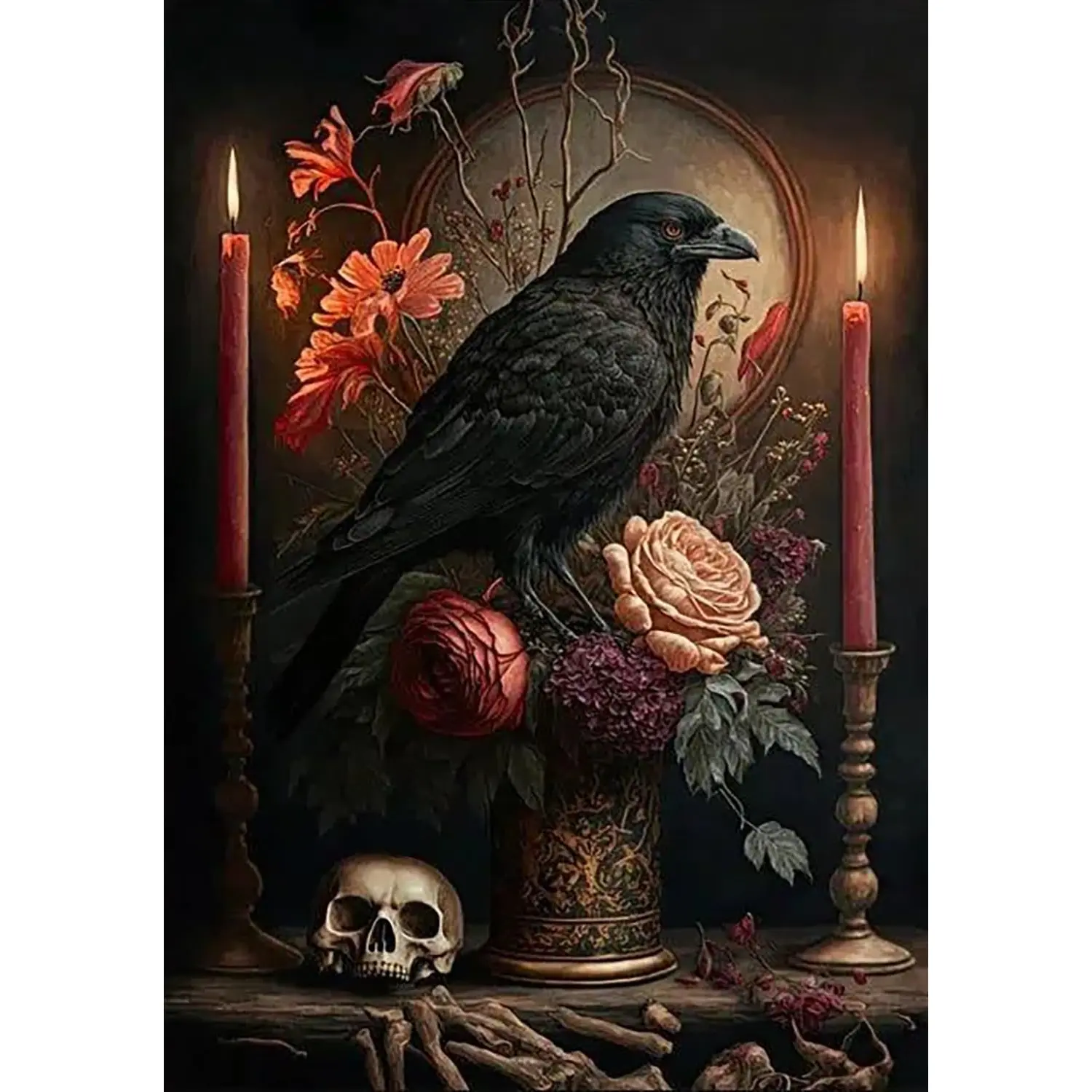 5D Diamond Painting Kit Gothic Black Crow Red Candle Dried Rose Skull Dark Floral Vintage Still Life Halloween Crystal Rhinestone Wall Art Decor Gift