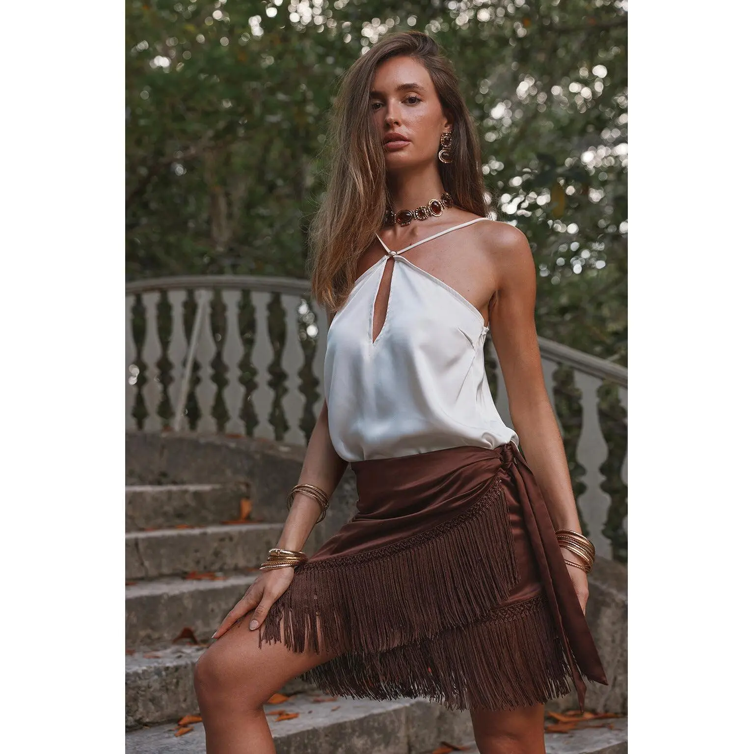 Canela Espresso Satin Fringe Sarong