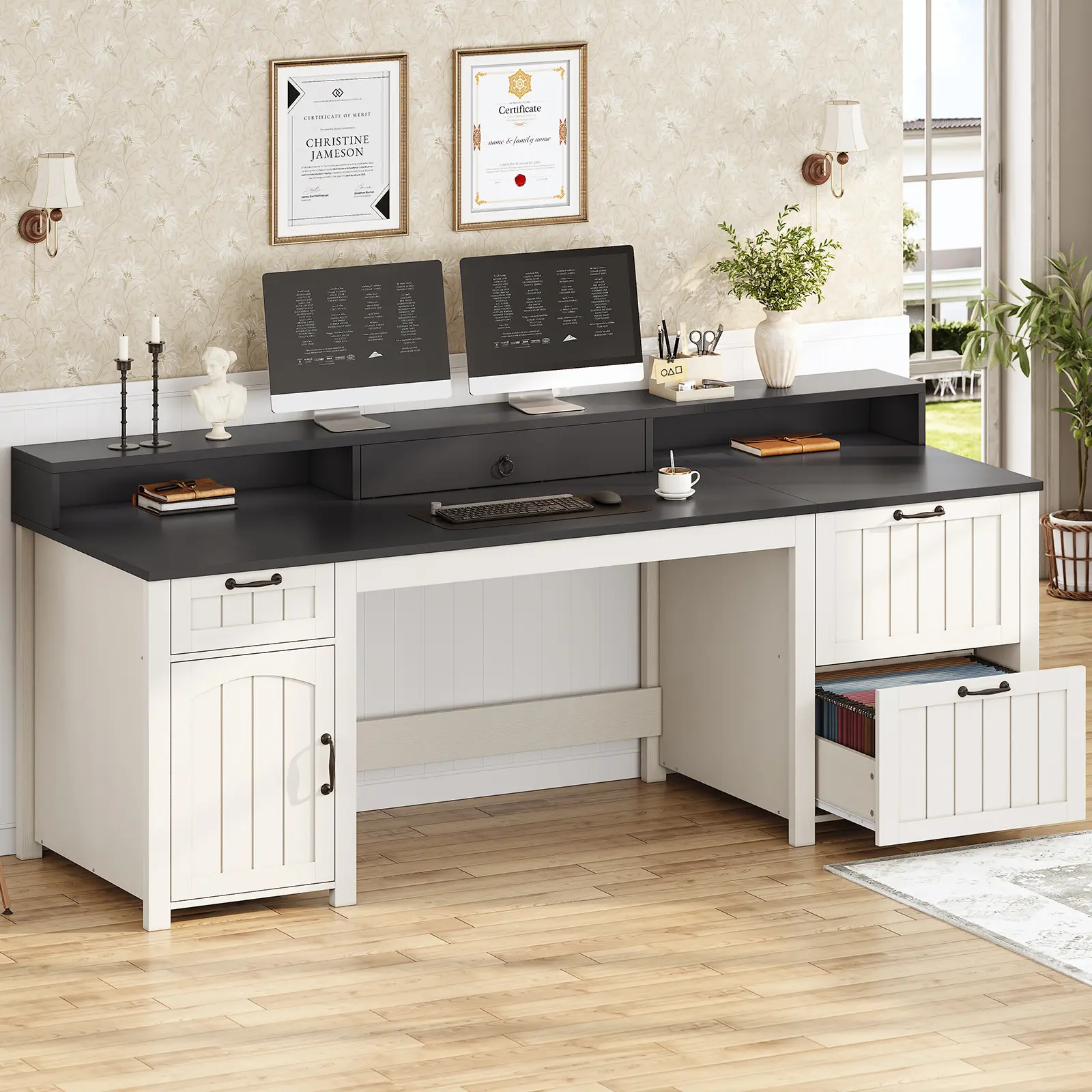 Sedeta 63-in Modern Large Wood Executive Sturdy Computer Desk - Wood Workstation with Sliding Desktop Drawers, Storage Drawer Platform, Cabinet & Monitor Stand for Home Office Work, Study, Drawers Desks, Monitor Riser Desks