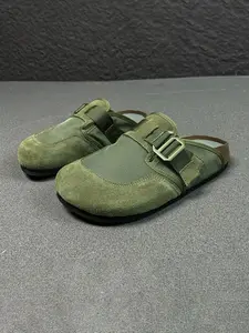 Men's Retro Mesh Patchwork Suede Slippers, Slip On Mules, Adjustable Metal Buckle Soft Wood Sole, Breathable Anti-Slip Arch Support, All-Season Casual Outdoor Shoes