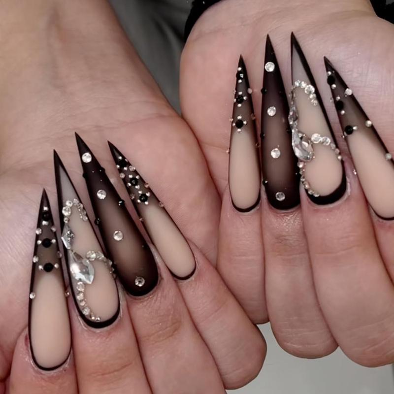 Black Ombre Press on Nails Long Stiletto Fake Nails Matte Rhinestone Extra Long False Nails Full Cover Glossy Glue on Acrylic Nails for Women 24Pcs