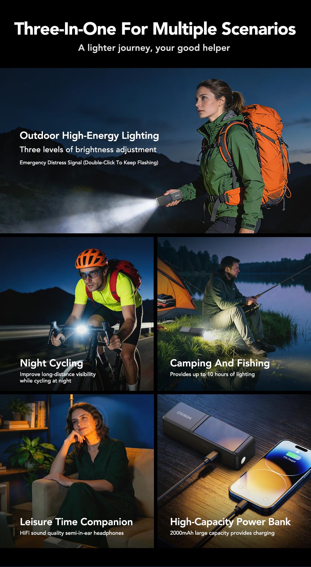 MINISO MS120 3-in-1 TWS Bluetooth Earbuds, Bluetooth 6.0, Built-In High-Power Flashlight with Three Adjustable Modes (Steady On / Flashing), 2000mAh Power Bank, Suitable for Outdoor Hiking and Sports