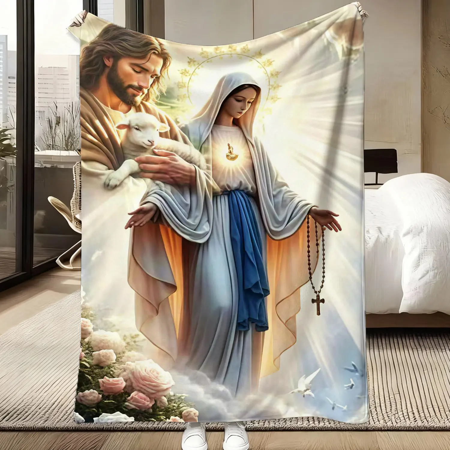 Catholic Soft Flannel Throw Blanket - Jesus Holding Lamb, Virgin Mary, Sacred Heart, Golden Sun Halo, White Dove, Pink Rose, Heavenly Cloud Design, Modern Multi-Size, Ideal for Christian Faith Home Lounge Living Room Baptism Gift
