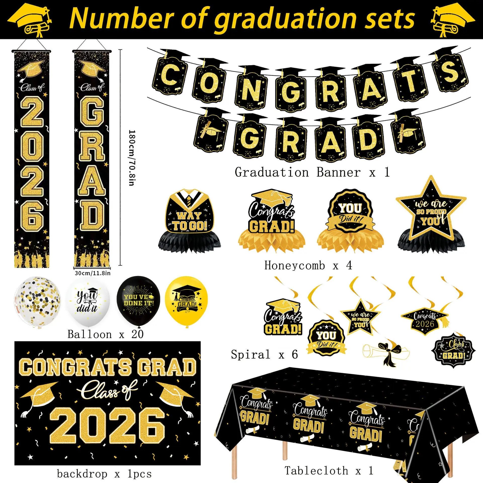 2026 Graduation Party Supplies Set (7 Pieces), Gifts, Pull Flag, Door Hanging, Honeycomb Decor, Balloon Decoration, Festival Decorations