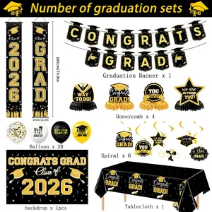 2026 Graduation Party Supplies Set (7 Pieces), Pull Flag, Door Hanging, Honeycomb Decor, Balloon Decoration, Festival Decorations