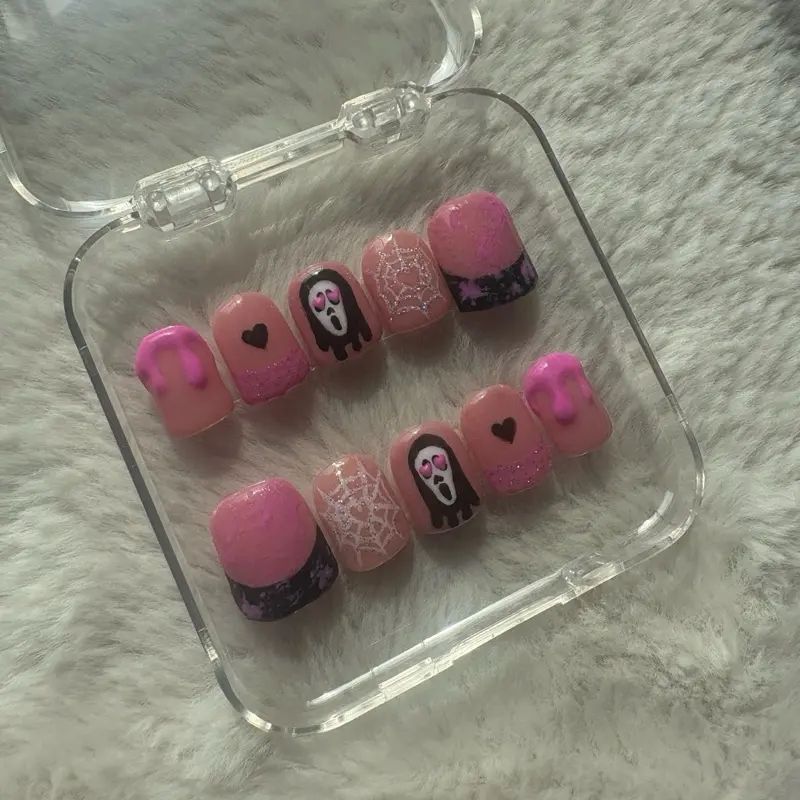 Halloween Pink Ghostface Scream Love Hand Painted Custom Nails Set - 10 Unique Press-On Nails with Glue & File for Flawless Application Glossy Finish