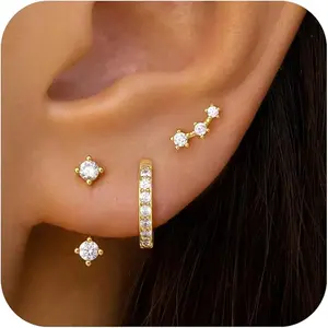 Gold Stud Earrings Set for Women, 3 Pairs Huggie Hoop Jacket Studs Earring Stack, Hypoallergenic Post Dainty Birthstone Trendy Fashion Jewelry Gifts for Mom