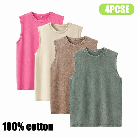 Men's 4-Piece Stylish Washed Look T-Shirt Set - Vintage Washed, Round Neck, Sleeveless Cut, Free Arms, Soft Muscle-Fit Loose Street Fit Vests, Ideal for Fitness, Casual Wear (Do Not Dry Clean)