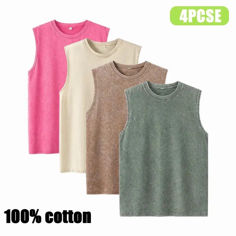 Men's 4-Piece Stylish Washed Look T-Shirt Set - Vintage Washed, Round Neck, Sleeveless Cut, Free Arms, Soft Muscle-Fit Loose Street Fit Vests, Ideal for Fitness, Casual Wear (Do Not Dry Clean)