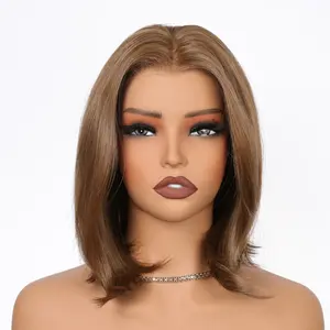 Selena - MaxFull 12" Beige Latte Brunette Bob Wig | Soft Taupe Dimension, 13×5 Skin-Melt HD Lace Front, Realistic Faux Scalp, Glueless, Beginner-Friendly, Lightweight Tangle-Resistant, Pre-Cut Lace Wear & Go Synthetic Wig for Daily Use