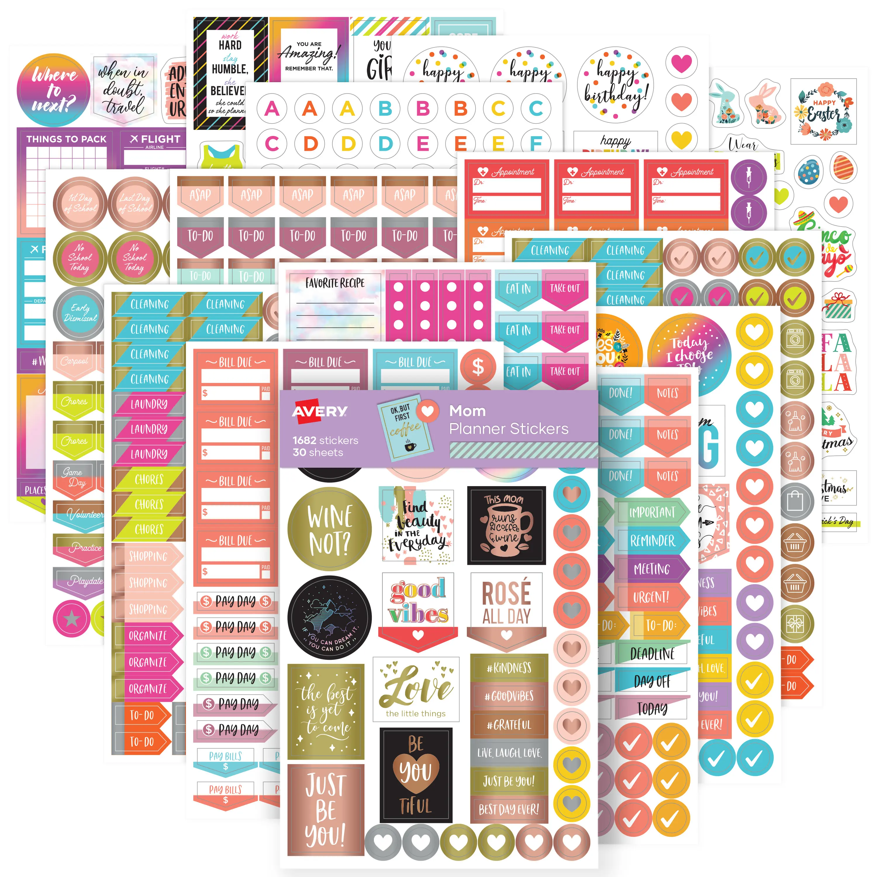 Avery Mom Planner Stickers Variety Pack, 30 Sheets, 1,682 Stickers for Your Planner, Journal or Calendar (6780)