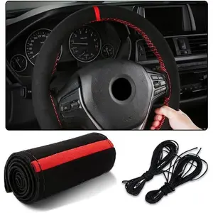 Car Steering Wheel Cover, 15 Inch Durable Genuine Leather Stitch On Wrap Steering Wheel Protector for Women Men, Universal Auto Interior Accessories Suitable for Most Models