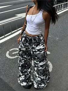 Women's Casual Camo Print Drawstring Waist Wide Leg Pants, Fitted Natural Waist, Fashion Style, All Seasons, H Type Silhouette