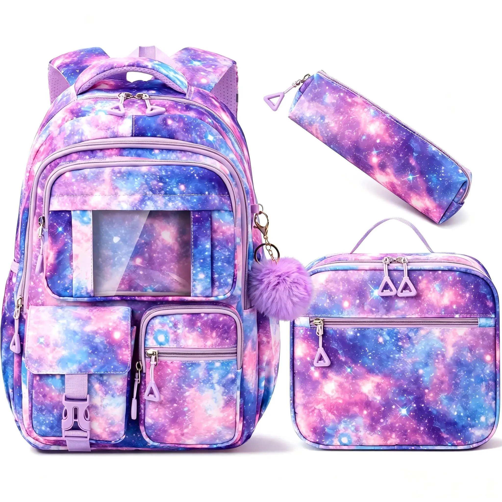 Kids Backpack for School Girls, Waterproof Backpack w/Lunch Box | 3PCS Lightweight Kids Galaxy Bookbag w/ Lunch Box Combo Set, Cute Backpack for Girls Ages 6+ Elementary Middle School Teens