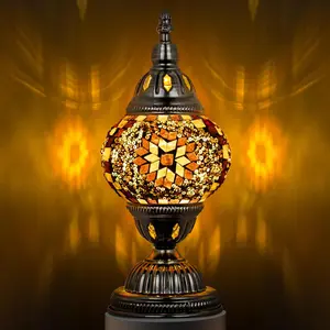 Turkish Table Lamp with Bronze Base,Handmade Yellow Moroccan Tiffany Style Mosaic Glass Night Stand Light Fixture Including LED Bulb for Living Room Bedroom Decor
