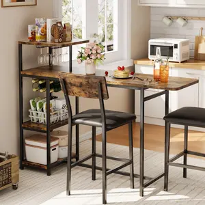 Brown Dining Table Set for 2, 3-Piece Expandable Bar Table and Chairs Set, with Storage Shelves and Wine Rack, Small Kitchen Dining Set for Living Room, Apartment