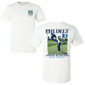 Phi Delt Spring Rush 2025 T-Shirt, Golf Putting Scene Back Graphic with Palm Tree Course and Fraternity Flag, ATΩ Chest Print on Front, White Soft Cotton Blend Shirt, Davidson North Carolina Greek Life Tee for Men and Women