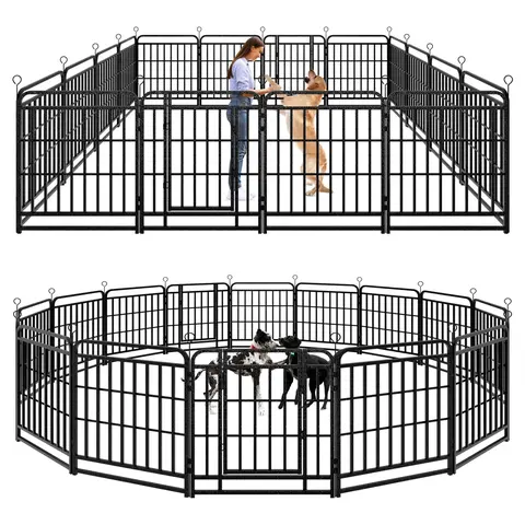 Heavy Duty Dog Playpen: 8/12/16 Steel Panels 32/40/47" Height, Square Steel Pipe with Reinforced Crossbars, 27FT 57 Sq.ft Portable Fence for Yard RV Camping, Summervibes, Snowy Black PDF8007