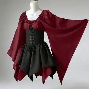 Bell Sleeve Long Sleeve Medieval Renaissance Patchwork Outfits Dress with Corset and Cape