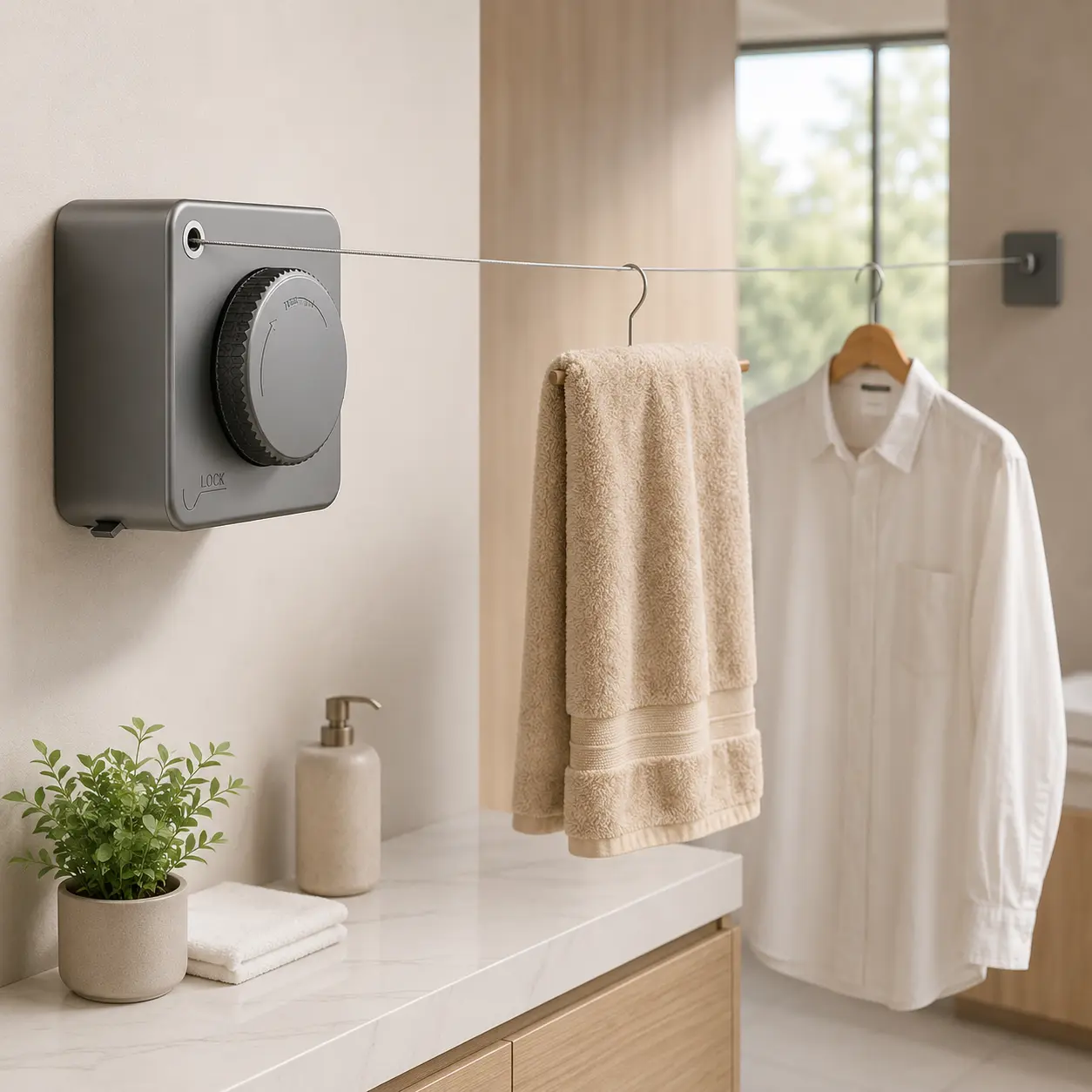 15.1 ft Retractable Drying Line, Wall Mounted Clothesline with Lock, Space Saving Laundry Line for Bathroom, Balcony, Patio and Indoor Outdoor Use