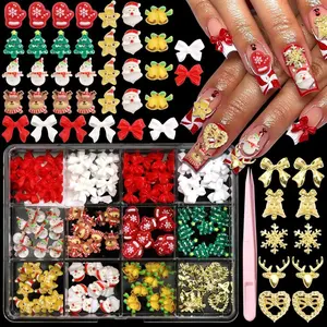 120PCS Christmas Nail Charms 3D Resin Santa Claus Nails Gems Colorful Cute Elk Snowmen Trees Nail Charm Gloves Bow Star Xmas Charms for Women DIY Manicure Decorations