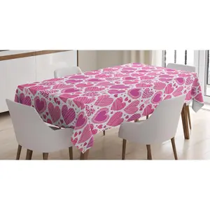 Valentines Tablecloth, Romantic Heart Shapes with Many Different Designs Polka Dots Crossed Lines, Rectangular Table Cover for Dining Room Kitchen Decor, 60" X 84", Hot Pink White