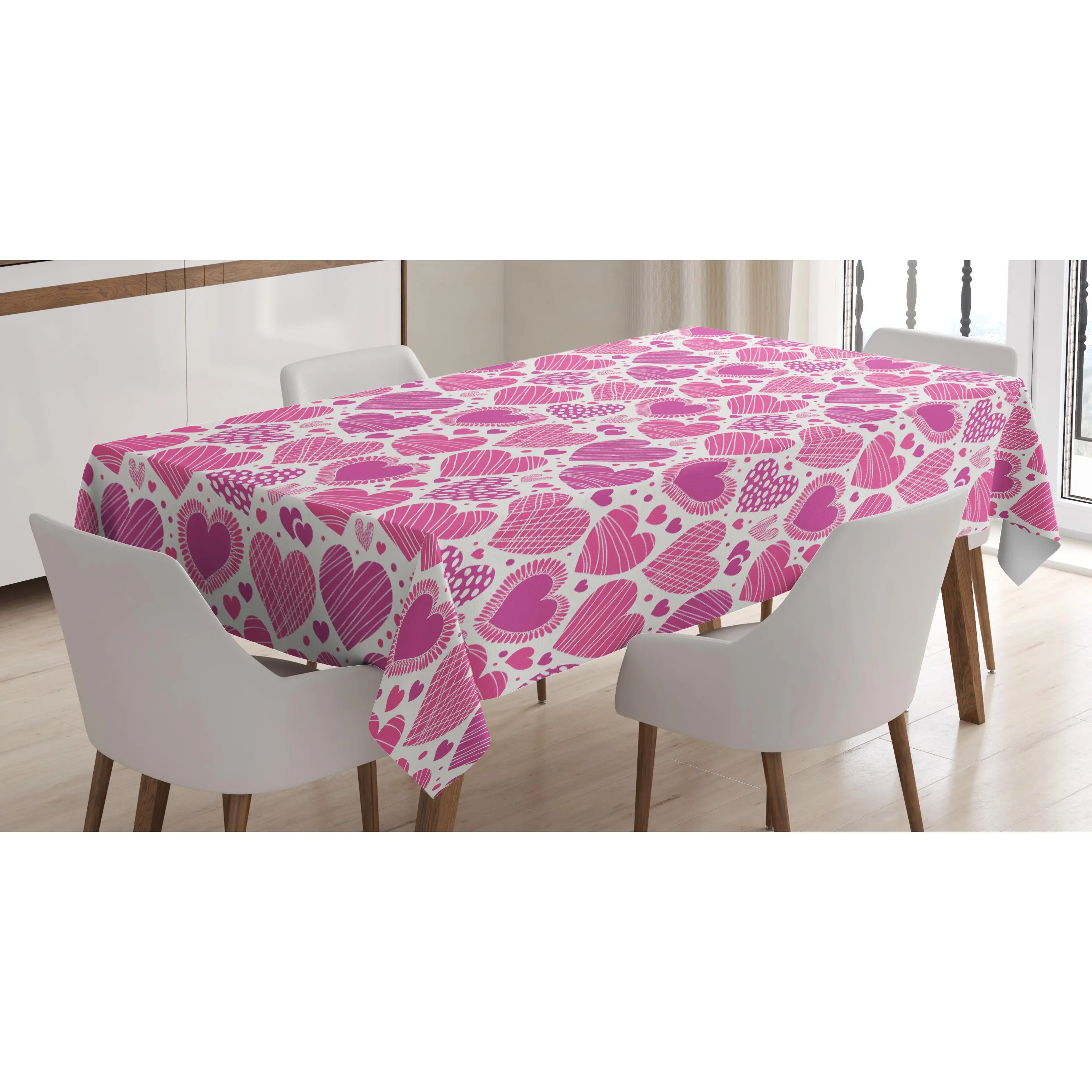 Valentines Tablecloth, Romantic Heart Shapes with Many Different Designs Polka Dots Crossed Lines, Rectangular Table Cover for Dining Room Kitchen Decor, 60" X 84", Hot Pink White