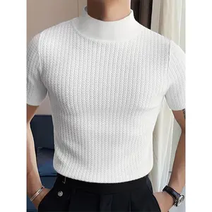 Men's Turtleneck Rib Knit T-shirt, Polyester Blending, Casual Solid Color, Slim Fit, Slightly Elastic, Suitable for Short Sleeve Sports Tops Streetwear White Knitwear Menswear Black Collar Spandex Fabric Knife Tshirt