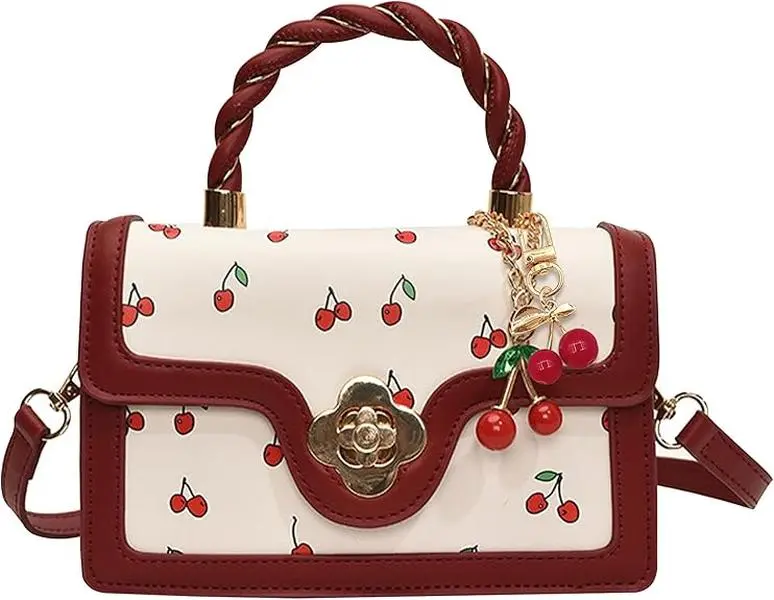 Women's Elegant Medium Cherry Red City Tote Bag - With Cherry Keychain, Coquette Bow, 2000s Style, Casual Wear Everyday Shoulder Bag Clutch Hobo Purse
