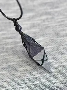 Vintage Blue Sandstone Geometric Prism Crystal Pendant, Adjustable Woven Rope, Unisex Daily Wear, Valentine's Day Gift