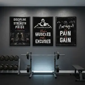 Motivational Gym Wall Art Canvas - Discipline Strength Pride & No Pain No Gain Posters, Inspirational Fitness Quotes Decor for Home Gym, Office, Man Cave - Wooden Frame or Unframed Professional Prints
